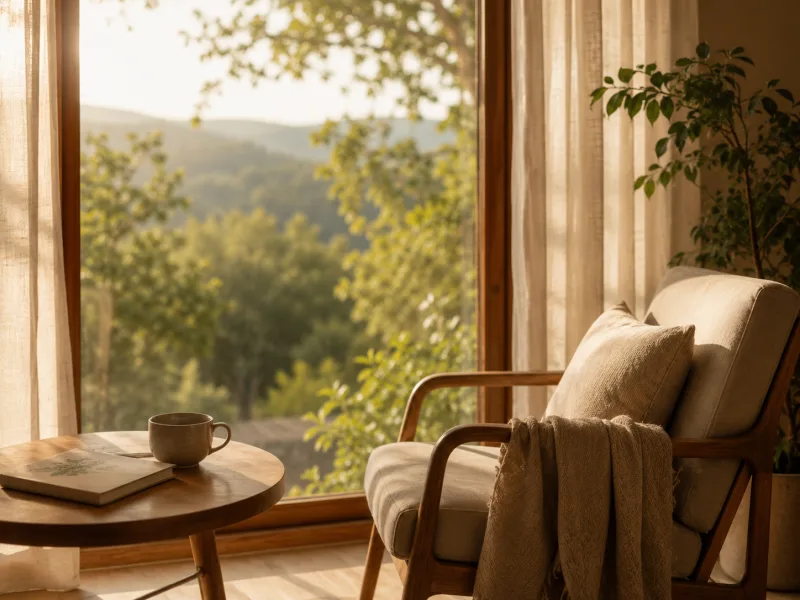Poltrona junto a uma janela com luz natural suave, uma xícara e um livro sobre a mesa, um espaço tranquilo para observar e pensar.
